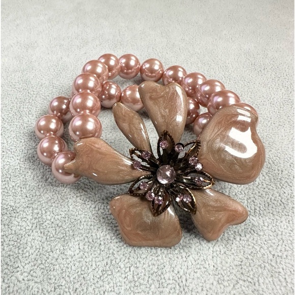 Enamel Blush Pink Flower Two Strand Faux Pearl Stretch Bracelet